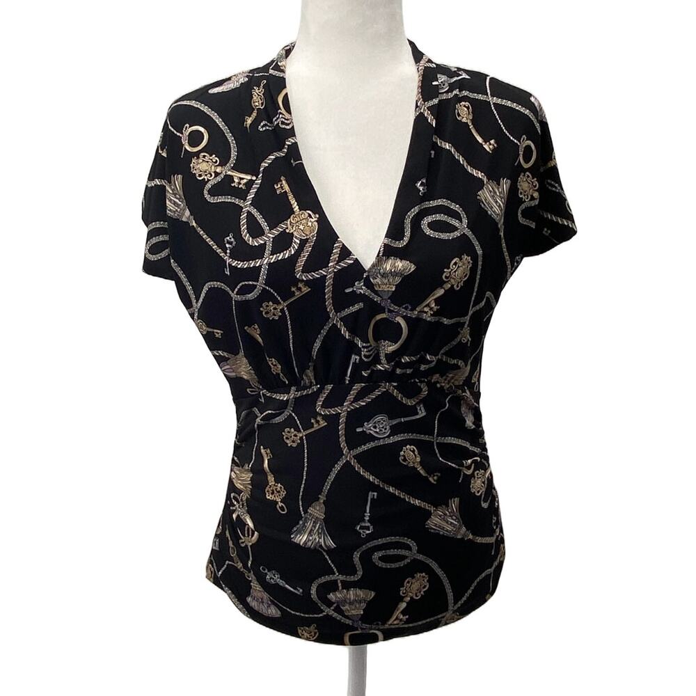 White House Black Market Women Small Black Wrap Key Print Top